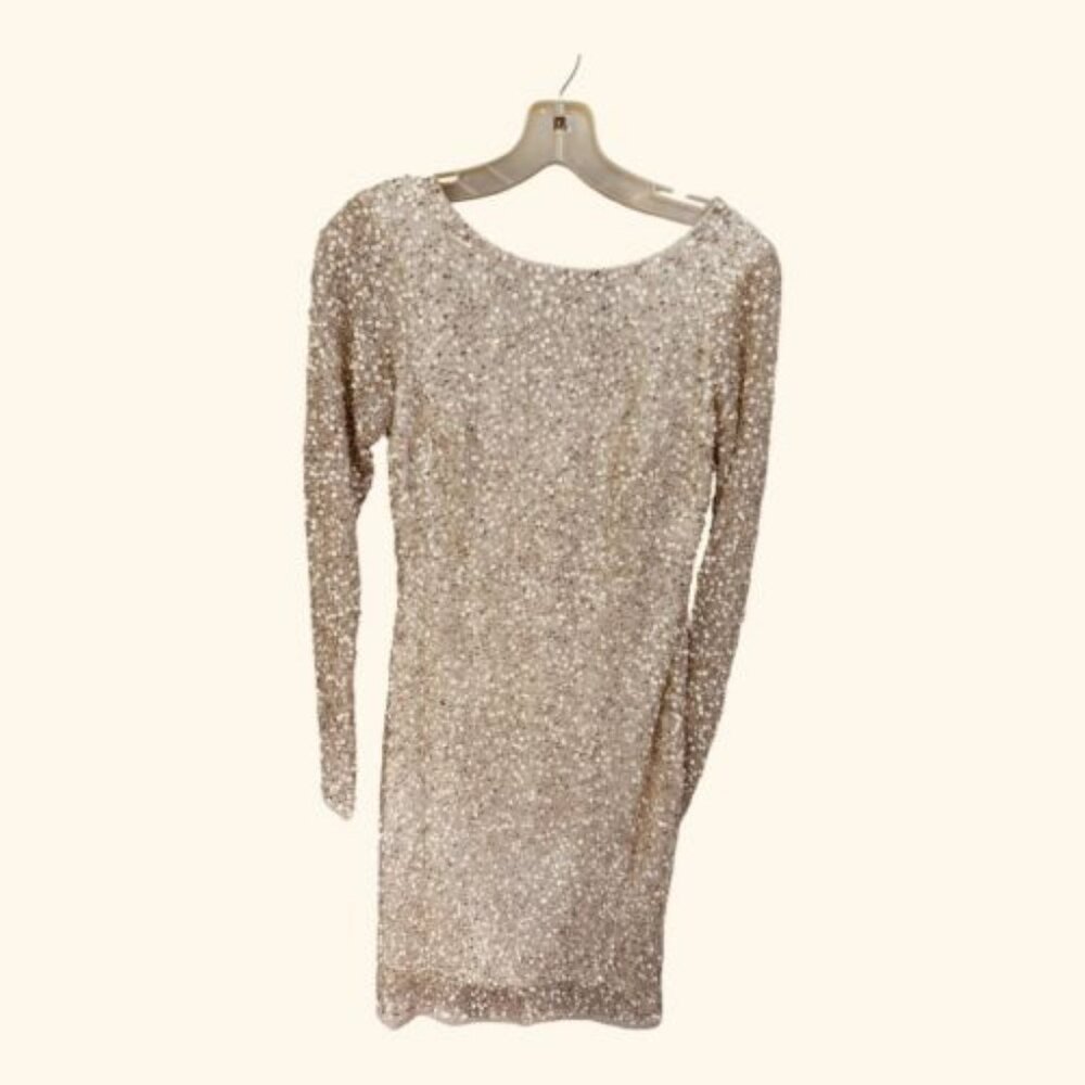 db studio Sequin Cocktail Dress Womens 4 Champagne Gold Long Sleeve Mini Scoop B